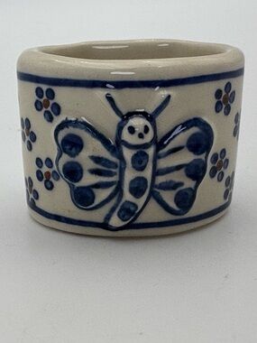 Vintage Hand-Painted Polish Pottery Butterfly Napkin Ring - 2 Inch